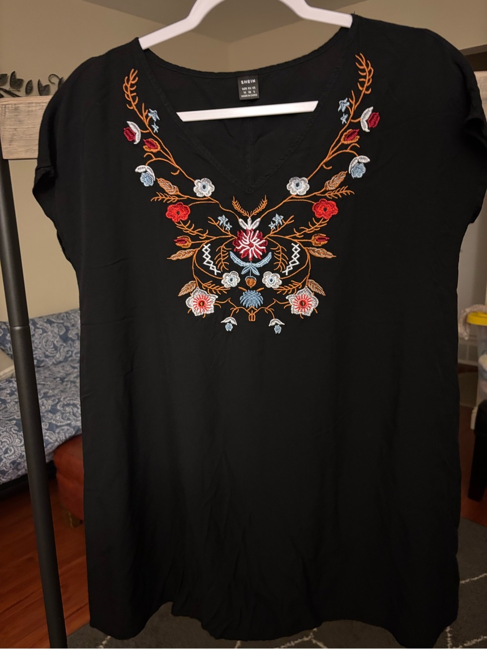 SHEIN Black V-Neck Tunic with Multicolor Floral Embroidery M